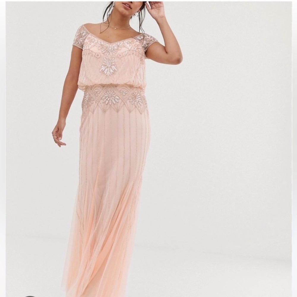 Amelia Rose beaded baroque off the shoulder peach pink gown NWT